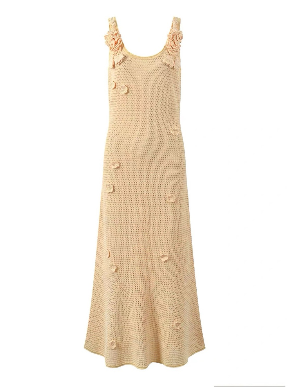 Luxury Beige Crochet Midi Dress with Floral Appliqué